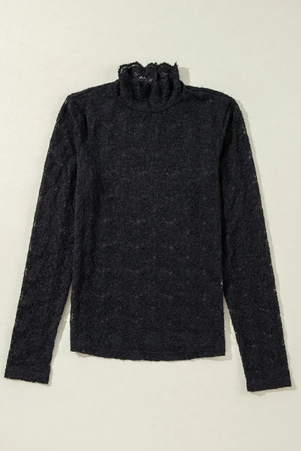 Fashion Dear-Lover Floral Lace High Neck Long Sleeve Top Black