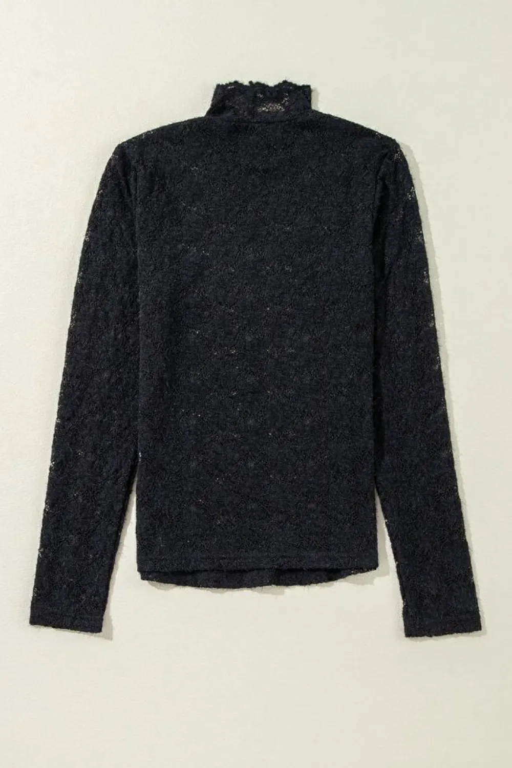 Fashion Dear-Lover Floral Lace High Neck Long Sleeve Top Black