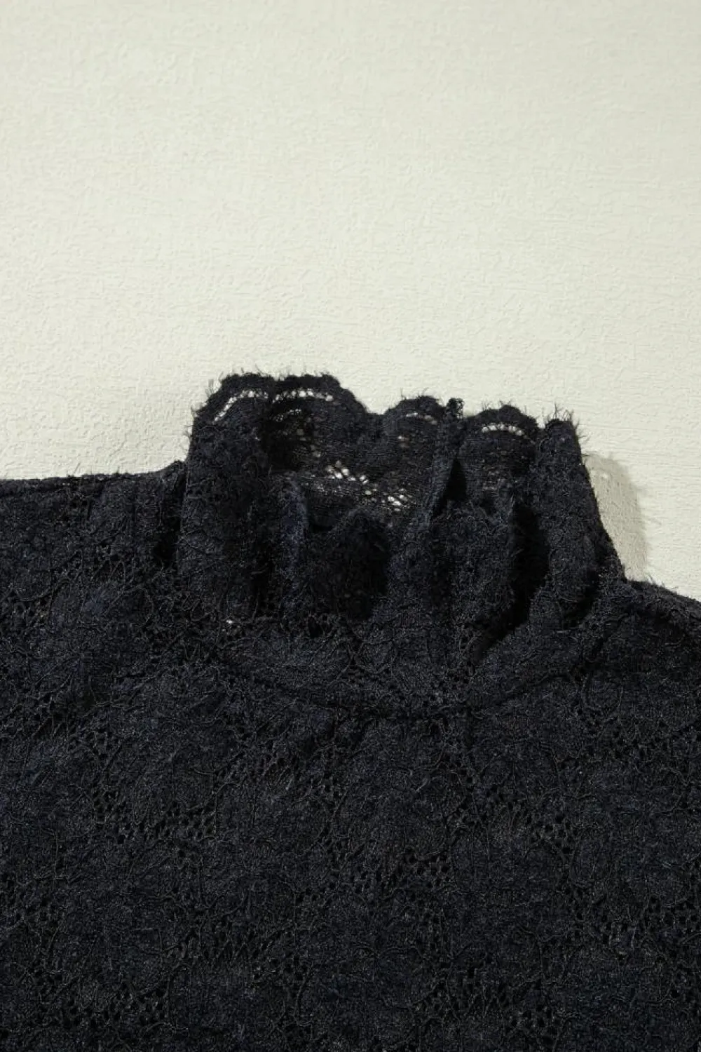 Fashion Dear-Lover Floral Lace High Neck Long Sleeve Top Black