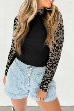 New Dear-Lover Floral Lace Patchwork Long Sleeve High Neck Slim Top Black