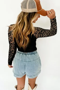 New Dear-Lover Floral Lace Patchwork Long Sleeve High Neck Slim Top Black