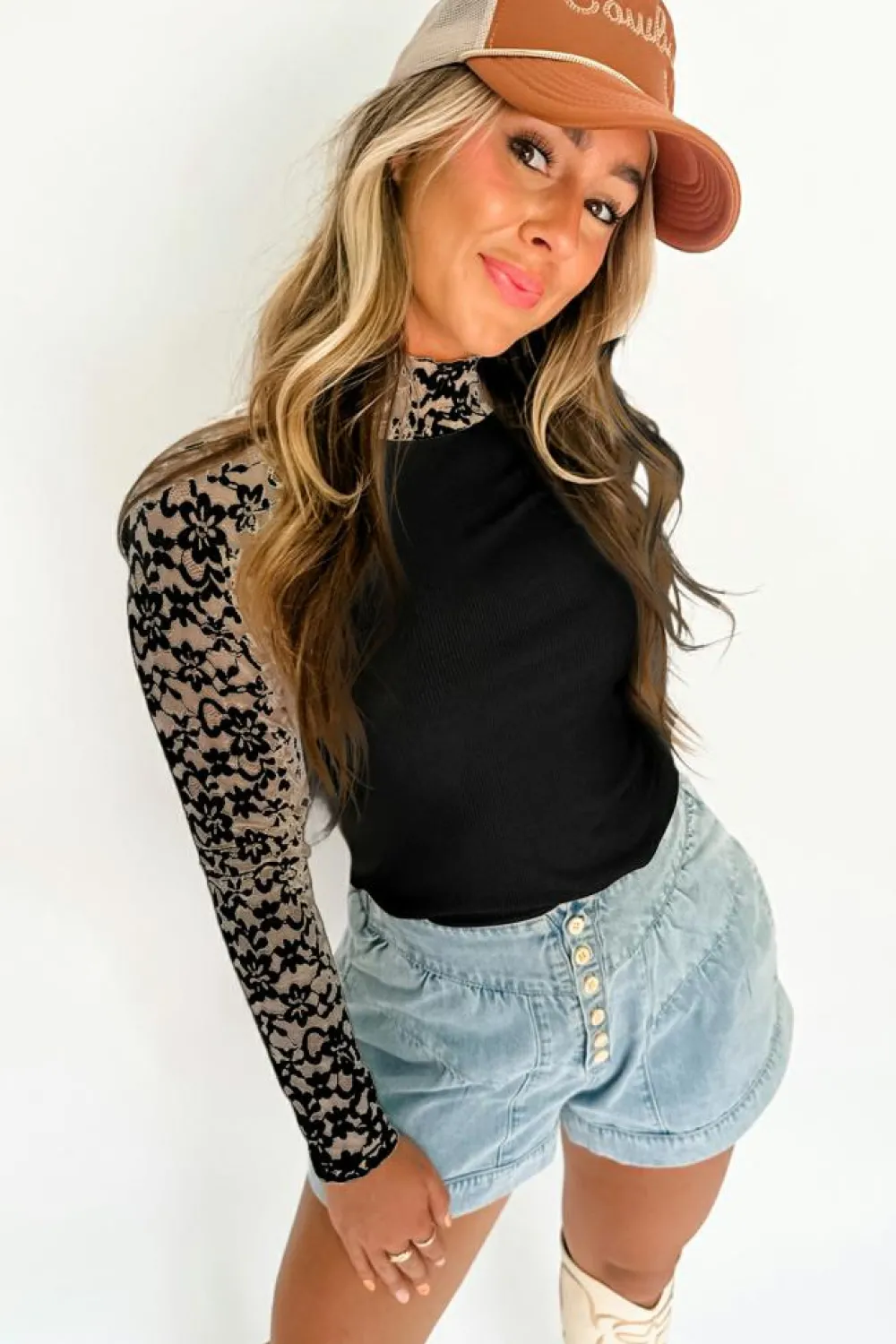 New Dear-Lover Floral Lace Patchwork Long Sleeve High Neck Slim Top Black