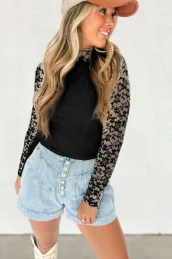 New Dear-Lover Floral Lace Patchwork Long Sleeve High Neck Slim Top Black