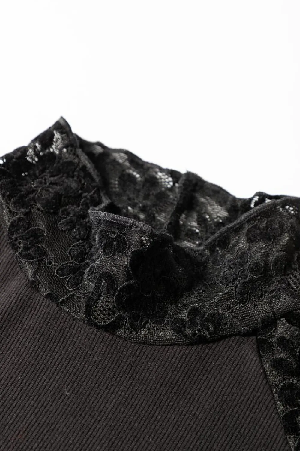 New Dear-Lover Floral Lace Patchwork Long Sleeve High Neck Slim Top Black