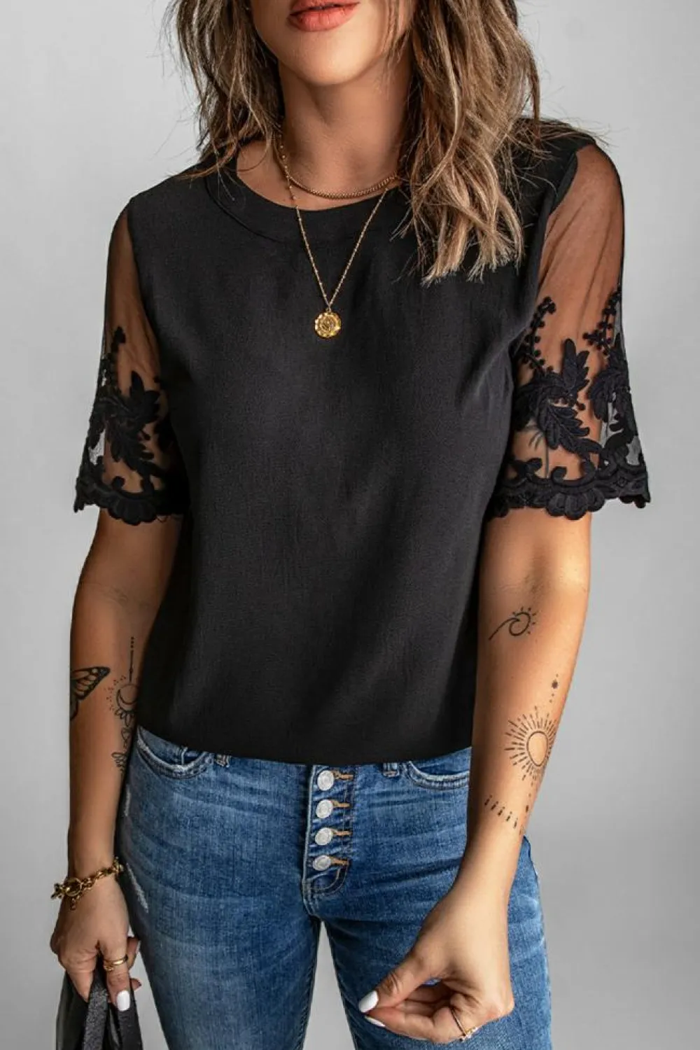 Outlet Dear-Lover Floral Lace Sleeve Patchwork Top Black
