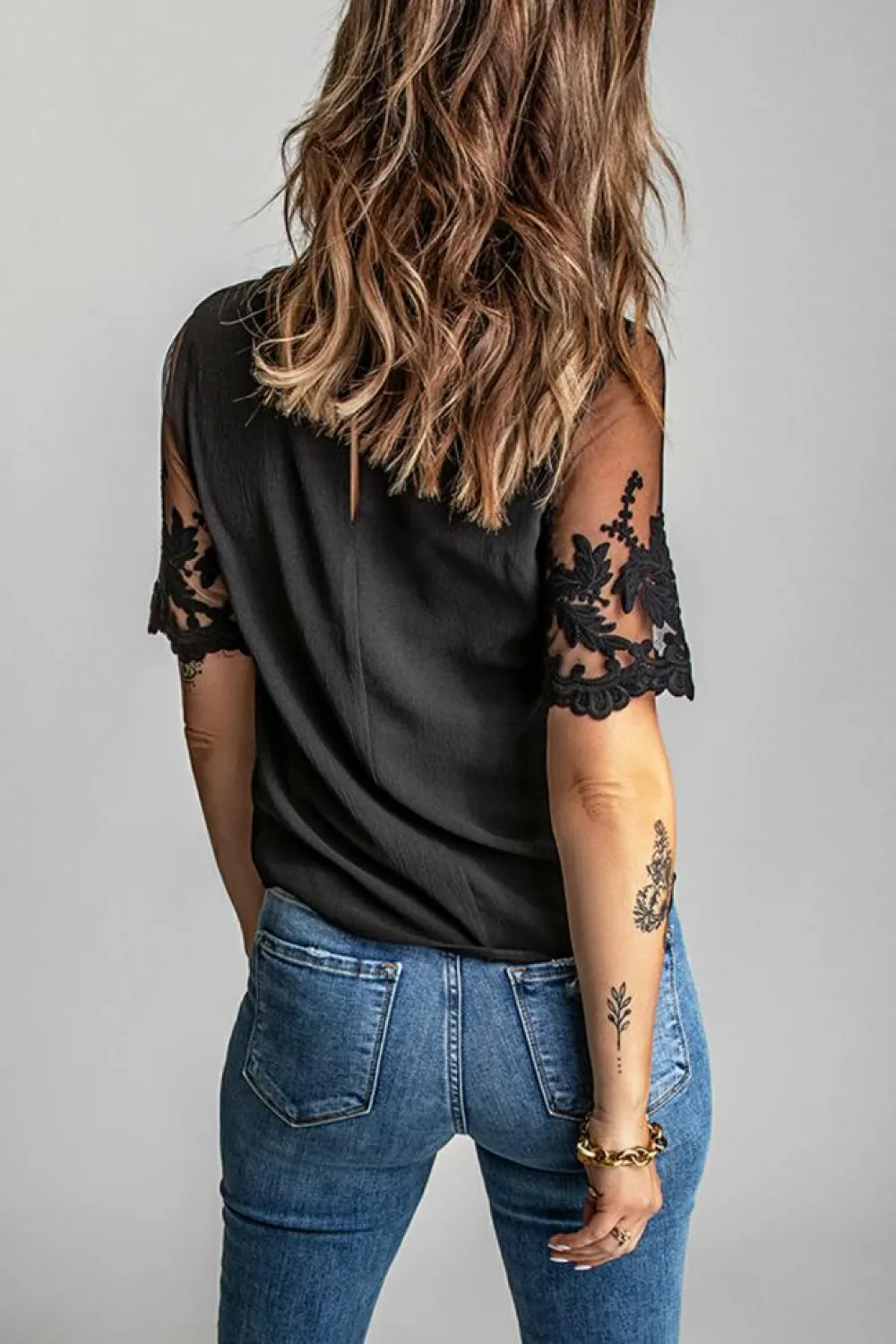 Outlet Dear-Lover Floral Lace Sleeve Patchwork Top Black
