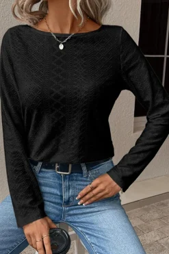 Discount Dear-Lover Floral Lace Splicing Eyelet Long Sleeve Top Black