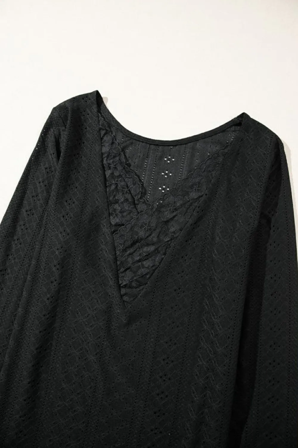 Discount Dear-Lover Floral Lace Splicing Eyelet Long Sleeve Top Black