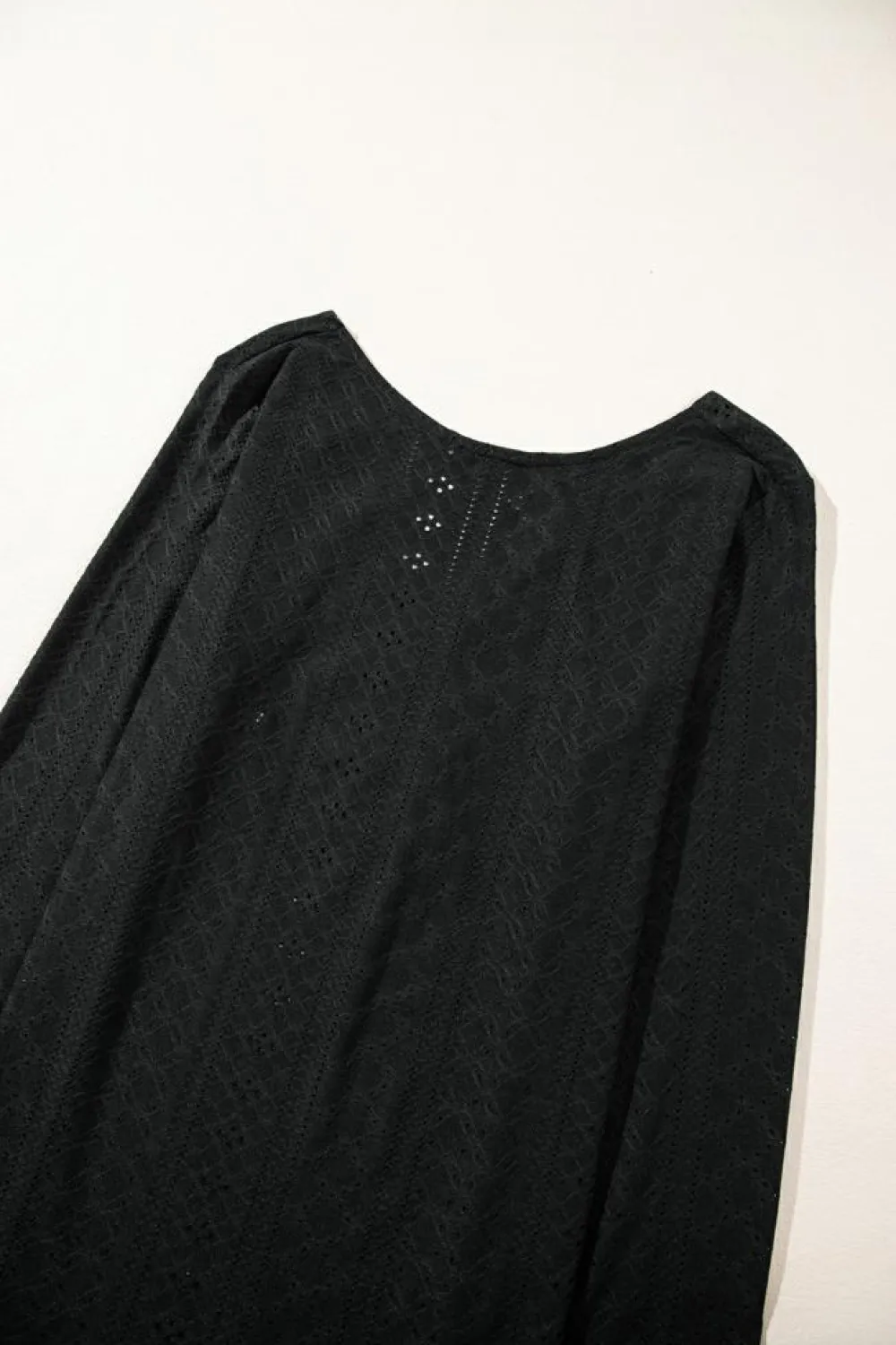 Discount Dear-Lover Floral Lace Splicing Eyelet Long Sleeve Top Black