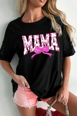 Fashion Dear-Lover Floral MAMA Bow Graphic Crewneck T Shirt Black