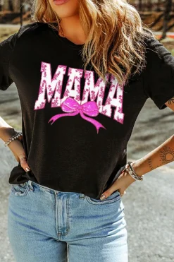 Fashion Dear-Lover Floral MAMA Bow Graphic Crewneck T Shirt Black