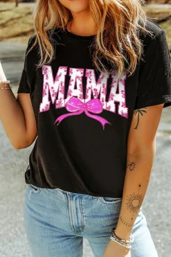 Fashion Dear-Lover Floral MAMA Bow Graphic Crewneck T Shirt Black