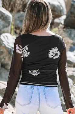 Hot Dear-Lover Floral Mesh Lettuce Edge Ruched Slim Long Sleeve Top Black