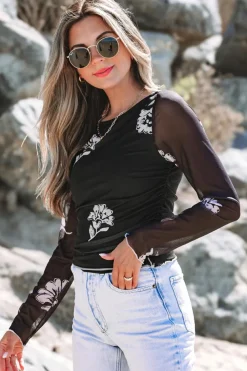 Hot Dear-Lover Floral Mesh Lettuce Edge Ruched Slim Long Sleeve Top Black