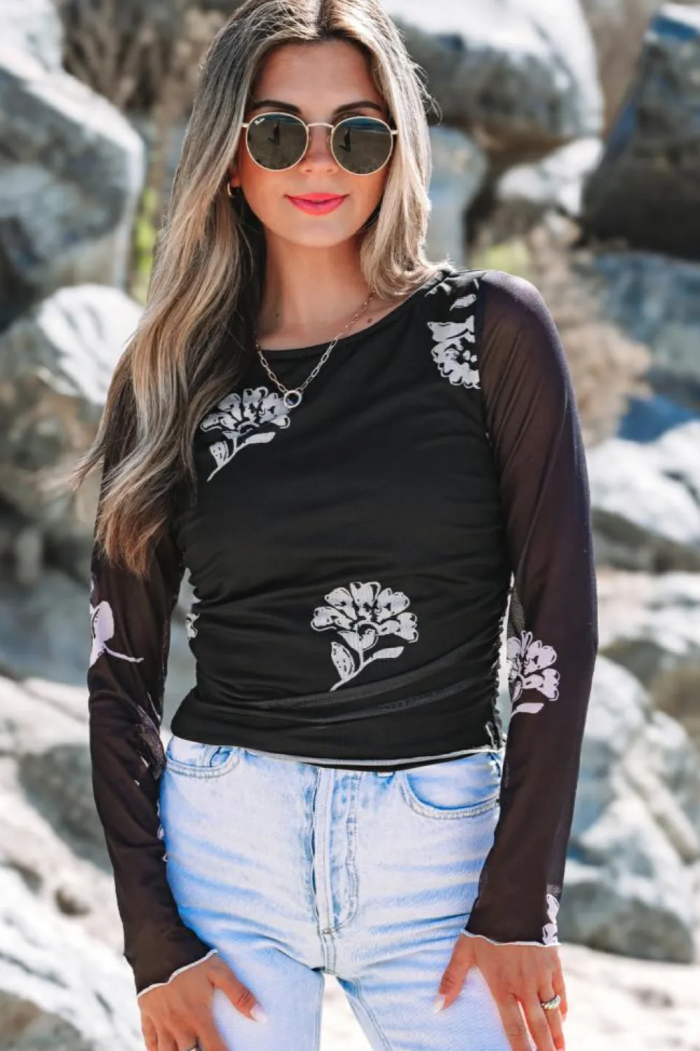 Hot Dear-Lover Floral Mesh Lettuce Edge Ruched Slim Long Sleeve Top Black