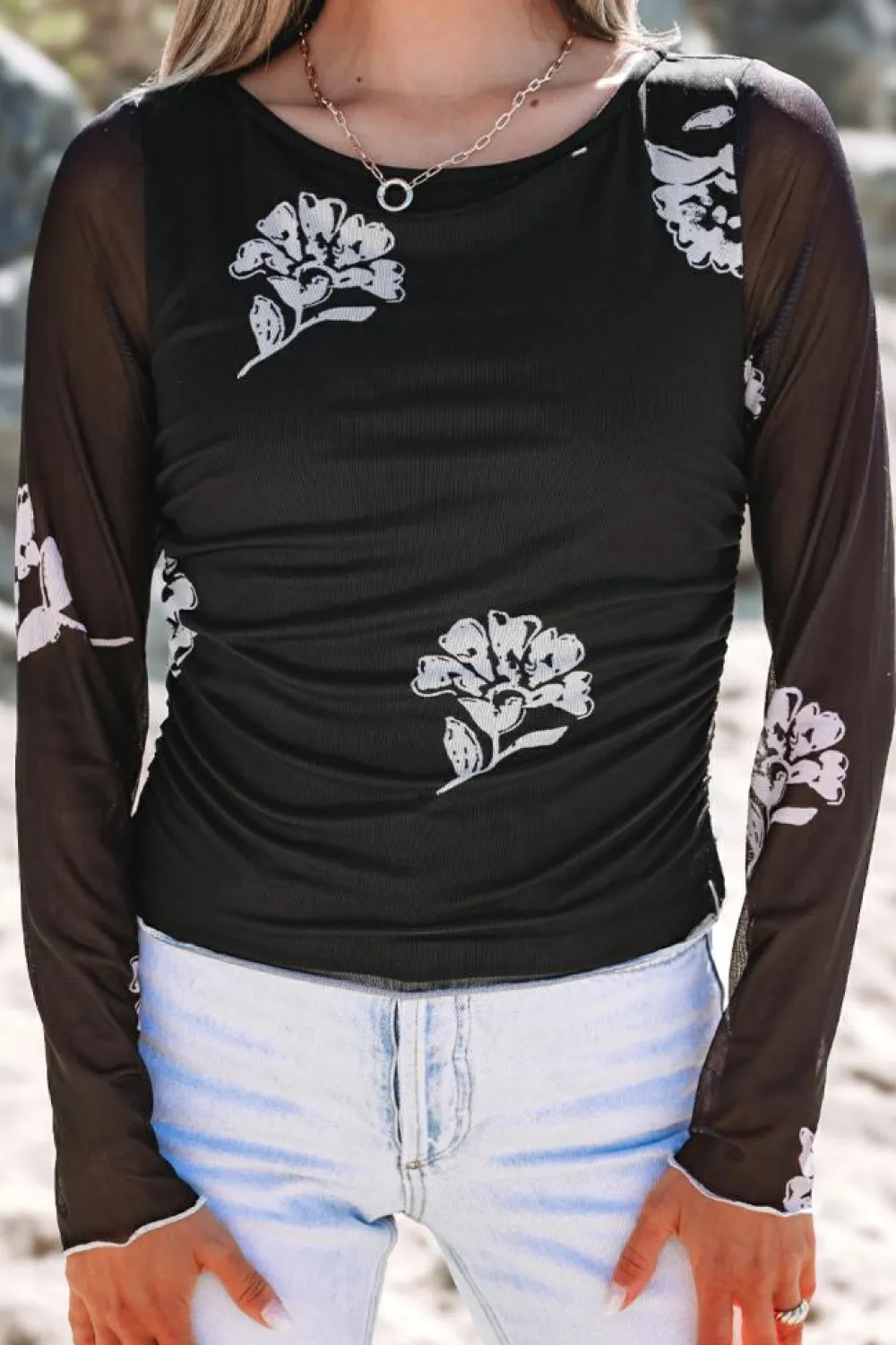 Hot Dear-Lover Floral Mesh Lettuce Edge Ruched Slim Long Sleeve Top Black