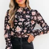 Clearance Dear-Lover Floral Mesh Mock Neck Long Sleeve Slim Fit Top Black