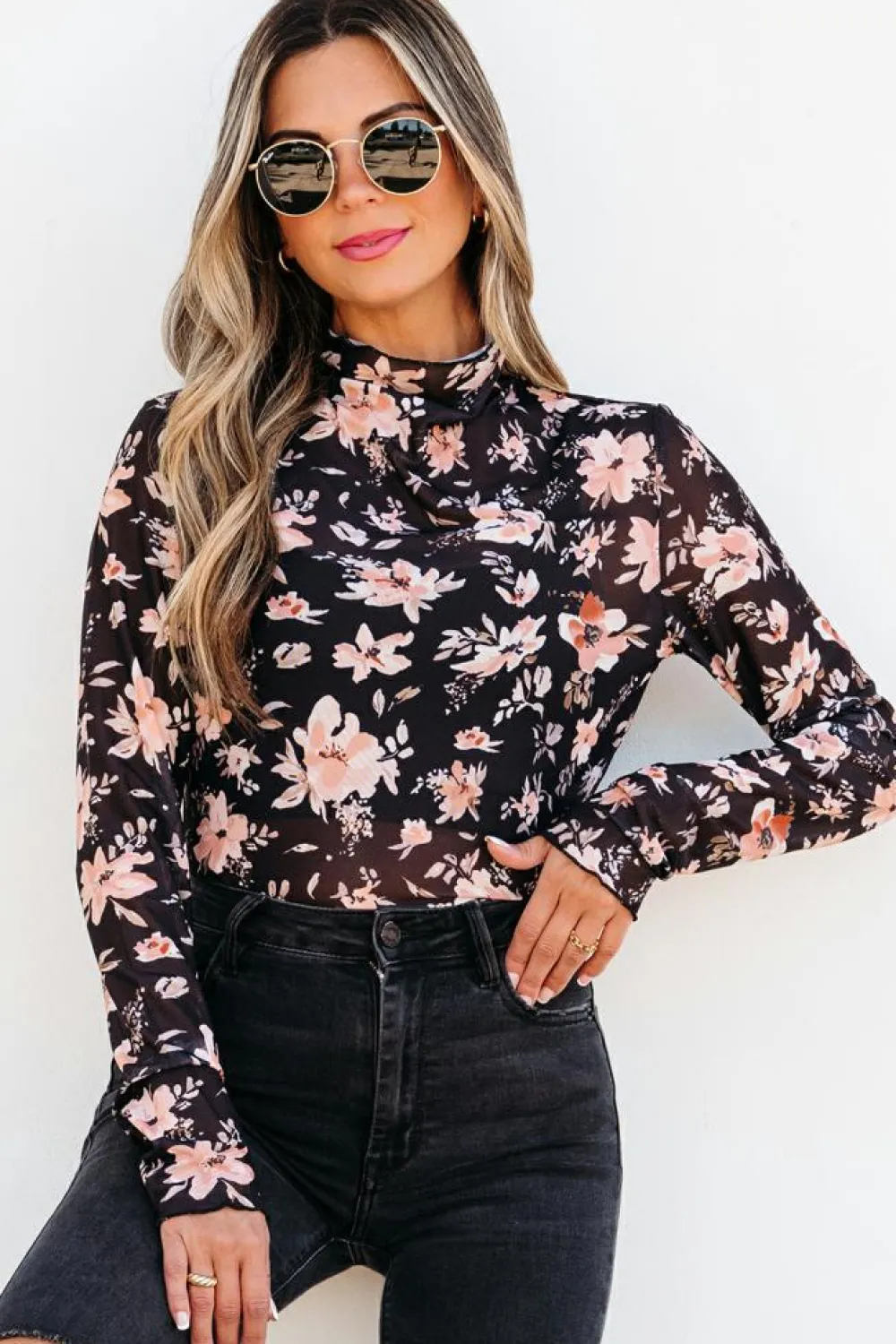 Clearance Dear-Lover Floral Mesh Mock Neck Long Sleeve Slim Fit Top Black