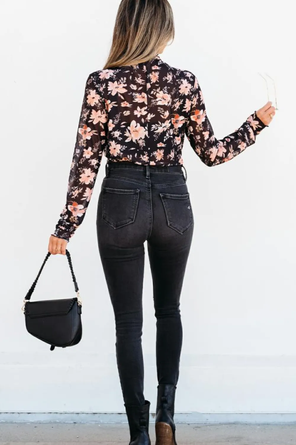 Clearance Dear-Lover Floral Mesh Mock Neck Long Sleeve Slim Fit Top Black