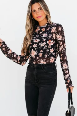 Clearance Dear-Lover Floral Mesh Mock Neck Long Sleeve Slim Fit Top Black