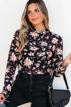 Clearance Dear-Lover Floral Mesh Mock Neck Long Sleeve Slim Fit Top Black