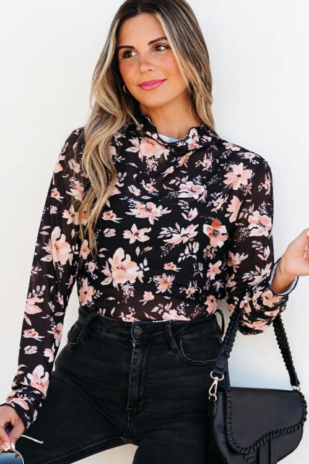 Clearance Dear-Lover Floral Mesh Mock Neck Long Sleeve Slim Fit Top Black