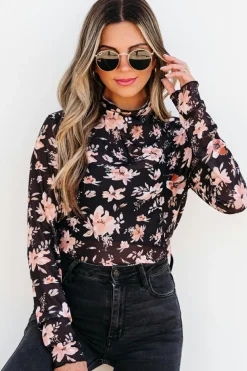 Clearance Dear-Lover Floral Mesh Mock Neck Long Sleeve Slim Fit Top Black