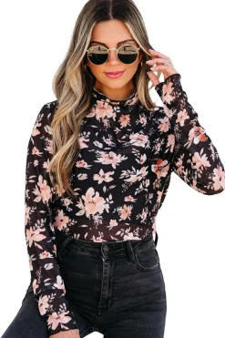 Clearance Dear-Lover Floral Mesh Mock Neck Long Sleeve Slim Fit Top Black
