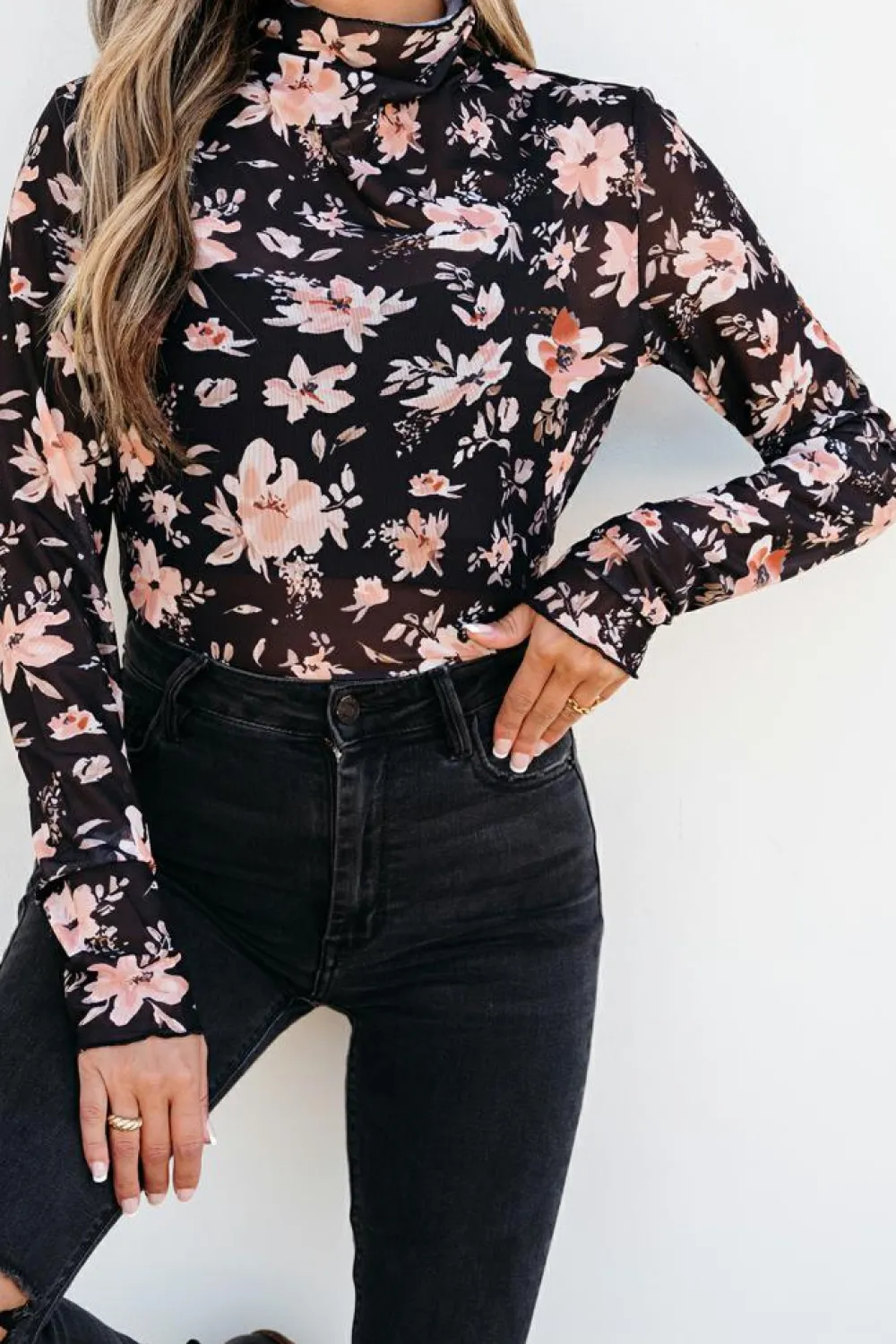 Clearance Dear-Lover Floral Mesh Mock Neck Long Sleeve Slim Fit Top Black