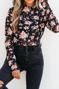Clearance Dear-Lover Floral Mesh Mock Neck Long Sleeve Slim Fit Top Black