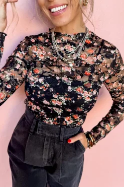 Sale Dear-Lover Floral Mesh Sheer Long Sleeve Top Black
