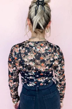 Sale Dear-Lover Floral Mesh Sheer Long Sleeve Top Black
