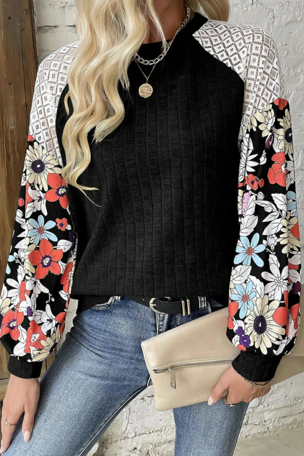 Sale Dear-Lover Floral Patchwork Long Sleeve Ribbed Blouse Black