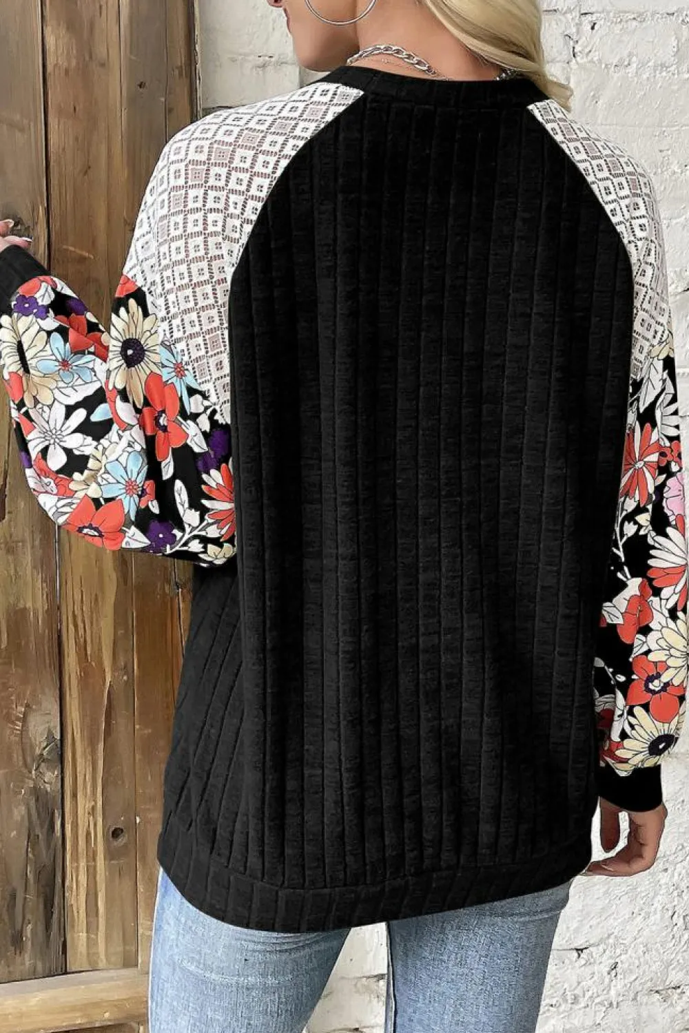 Sale Dear-Lover Floral Patchwork Long Sleeve Ribbed Blouse Black