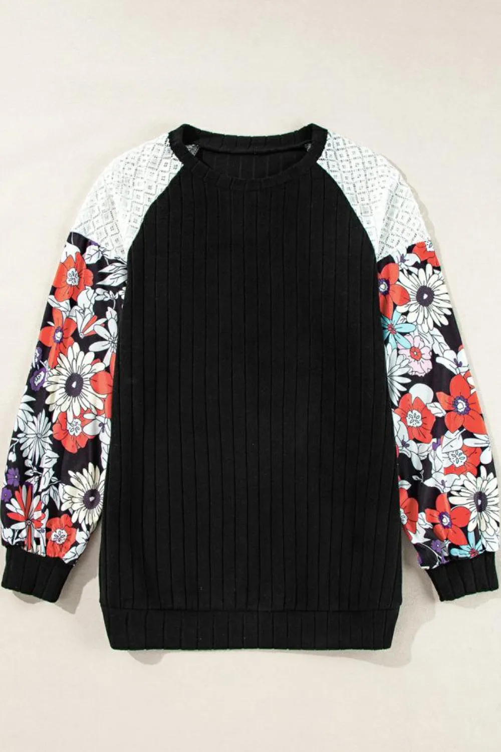 Sale Dear-Lover Floral Patchwork Long Sleeve Ribbed Blouse Black