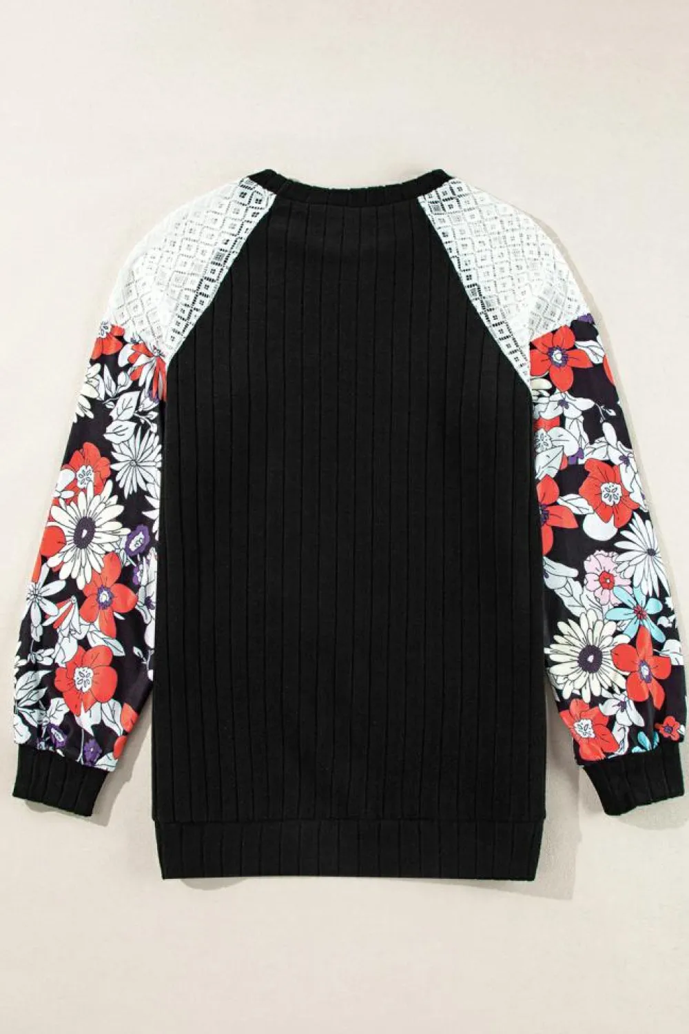 Sale Dear-Lover Floral Patchwork Long Sleeve Ribbed Blouse Black