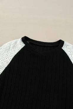 Sale Dear-Lover Floral Patchwork Long Sleeve Ribbed Blouse Black