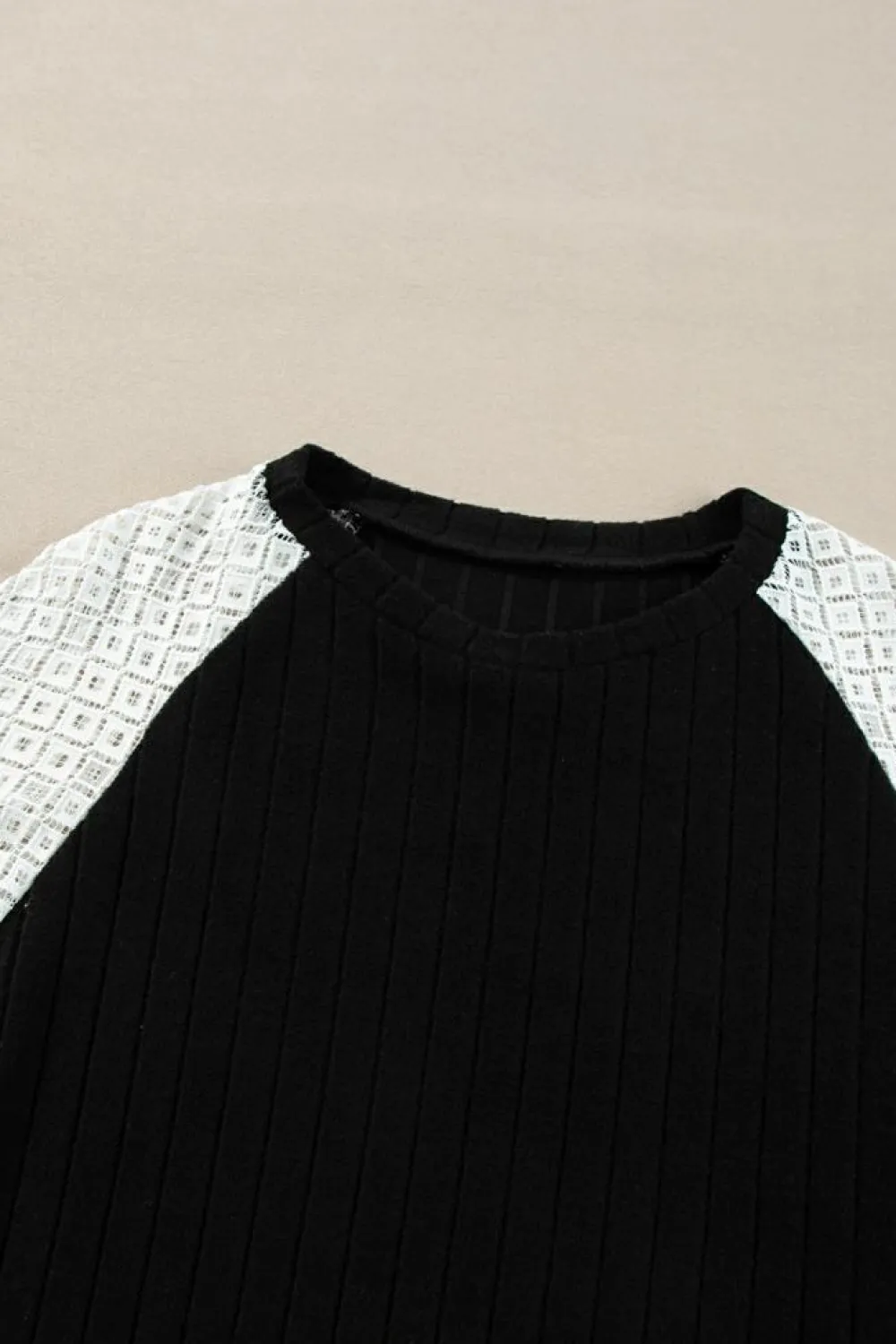Sale Dear-Lover Floral Patchwork Long Sleeve Ribbed Blouse Black