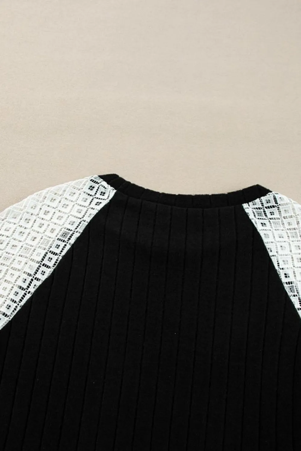 Sale Dear-Lover Floral Patchwork Long Sleeve Ribbed Blouse Black