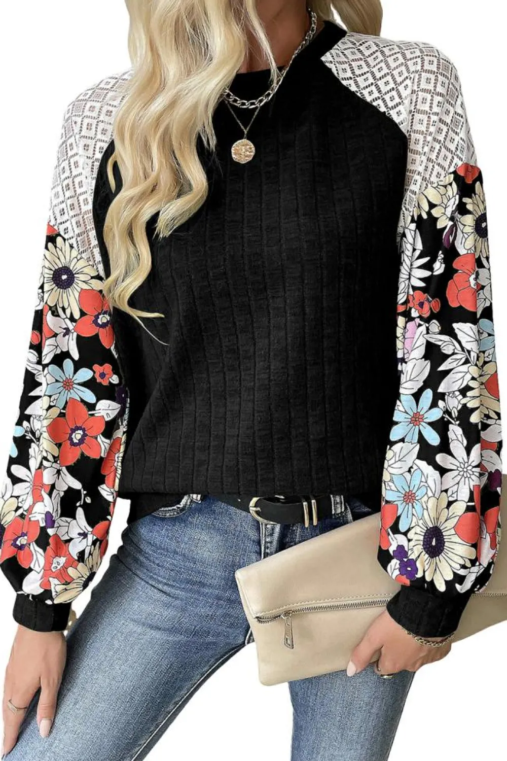 Sale Dear-Lover Floral Patchwork Long Sleeve Ribbed Blouse Black