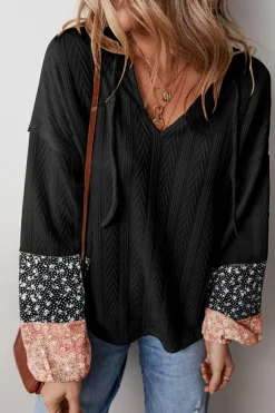 New Dear-Lover Floral Patchwork Textured Knit Drawstring V Neck Blouse Black