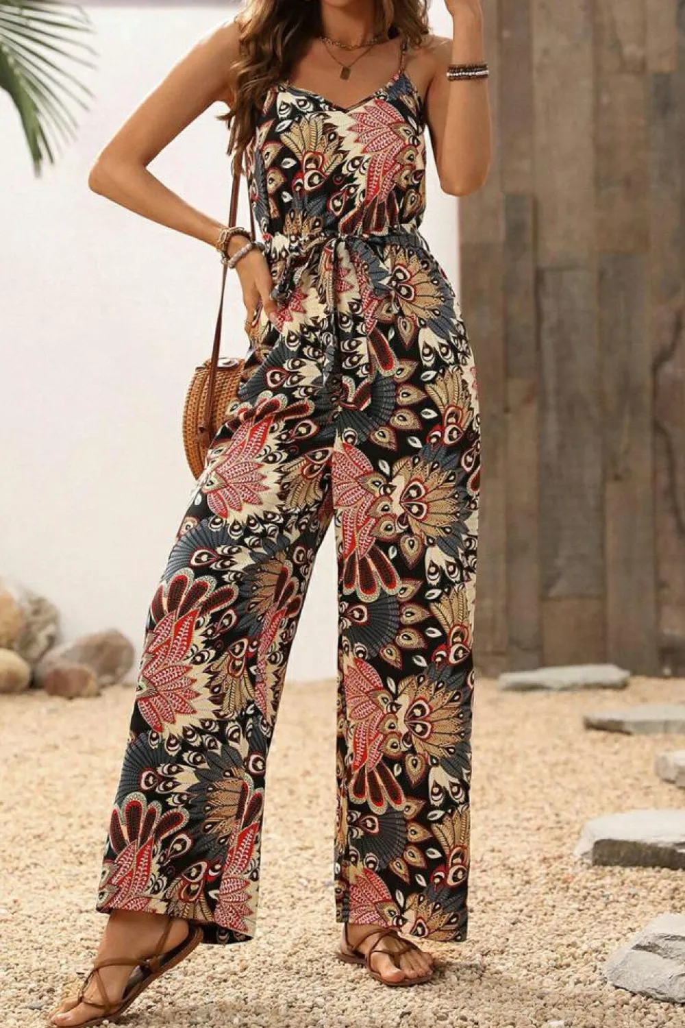 New Dear-Lover Floral Print Belted Sleeveless Wide Leg Jumpsuit Black