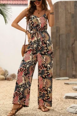 New Dear-Lover Floral Print Belted Sleeveless Wide Leg Jumpsuit Black