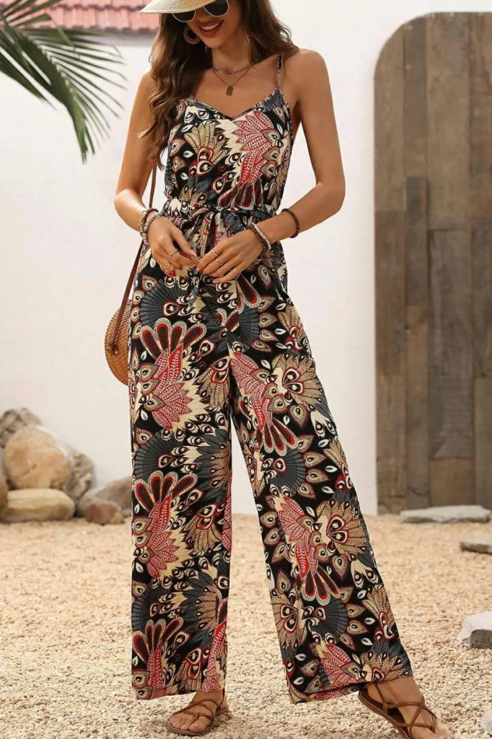 New Dear-Lover Floral Print Belted Sleeveless Wide Leg Jumpsuit Black