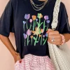 Clearance Dear-Lover Floral Print Crewneck T Shirt Black