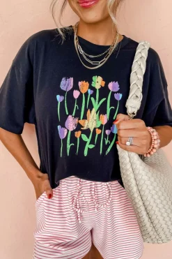 Clearance Dear-Lover Floral Print Crewneck T Shirt Black