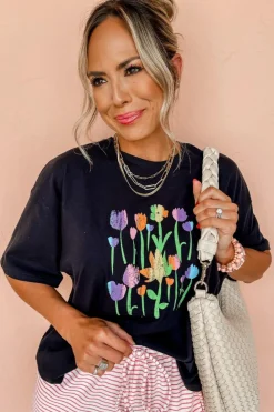 Clearance Dear-Lover Floral Print Crewneck T Shirt Black
