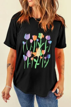 Clearance Dear-Lover Floral Print Crewneck T Shirt Black