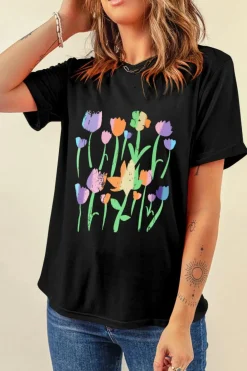 Clearance Dear-Lover Floral Print Crewneck T Shirt Black