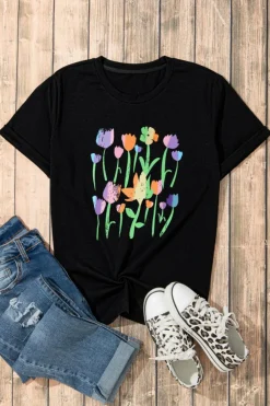 Clearance Dear-Lover Floral Print Crewneck T Shirt Black